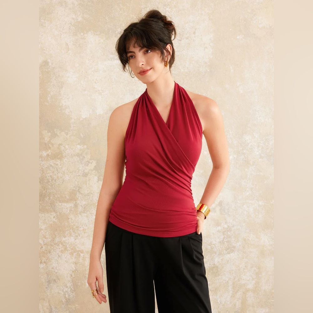 OGL MilkyTender Buttery Smooth Surplice Halter Neck Sculpt Tank in Chili Pepper
